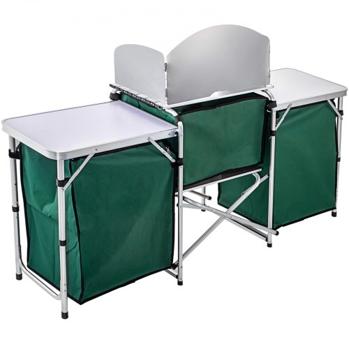 VEVOR Camping Outdoor Kitchen 3 Zippered Bags Camping Cook Table Steel Windscreen Camping Kitchen Table 2 Side Tables Camp Cook Table Portable Outdoor Camping Table for Outdoor Activities Green