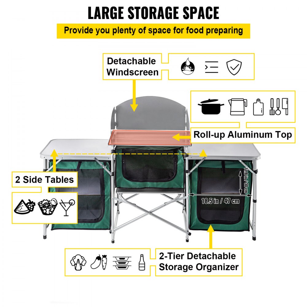 VEVOR Outdoor Camping Kitchen 3 Zippered Bags, Camping Cook Table Steel Windscreen, Camping Kitchen Table 2 Side Tables, Portable Camp Cook Table for Outdoor Activities Green