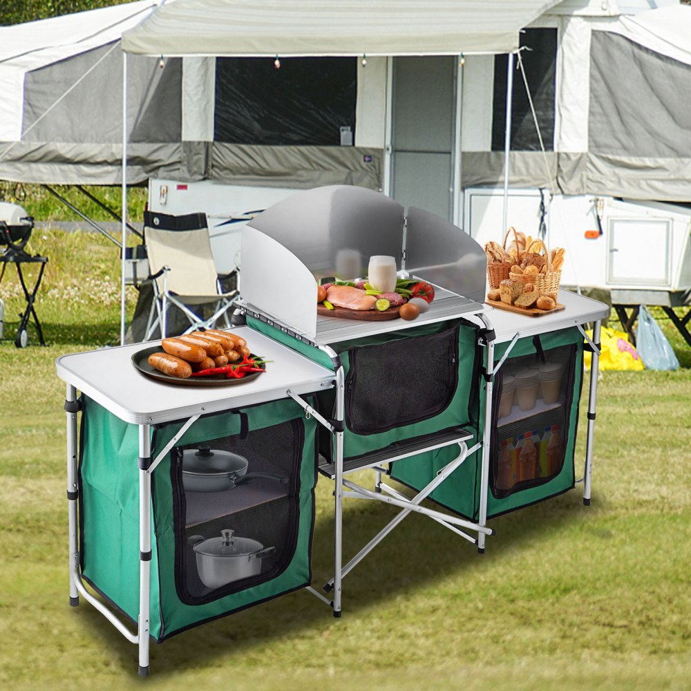 VEVOR Outdoor Camping Kitchen 3 Zippered Bags, Camping Cook Table Steel Windscreen, Camping Kitchen Table 2 Side Tables, Portable Camp Cook Table for Outdoor Activities Green