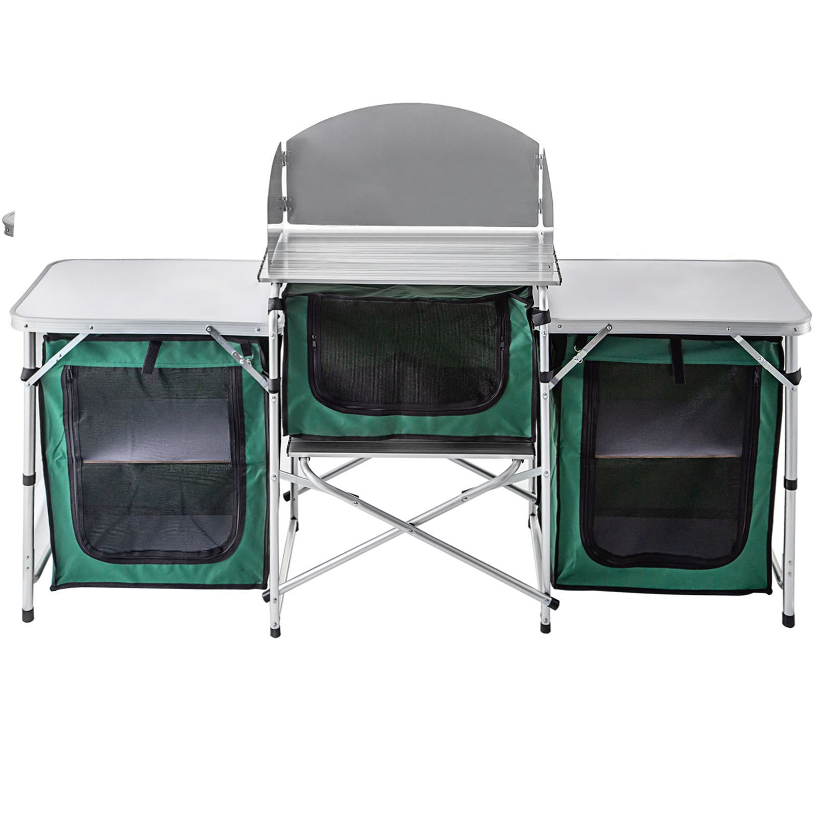 VEVOR Camping Outdoor Kitchen 3 Zippered Bags Camping Cook Table Steel Windscreen Camping Kitchen Table 2 Side Tables Camp Cook Table Portable Outdoor Camping Table for Outdoor Activities Green