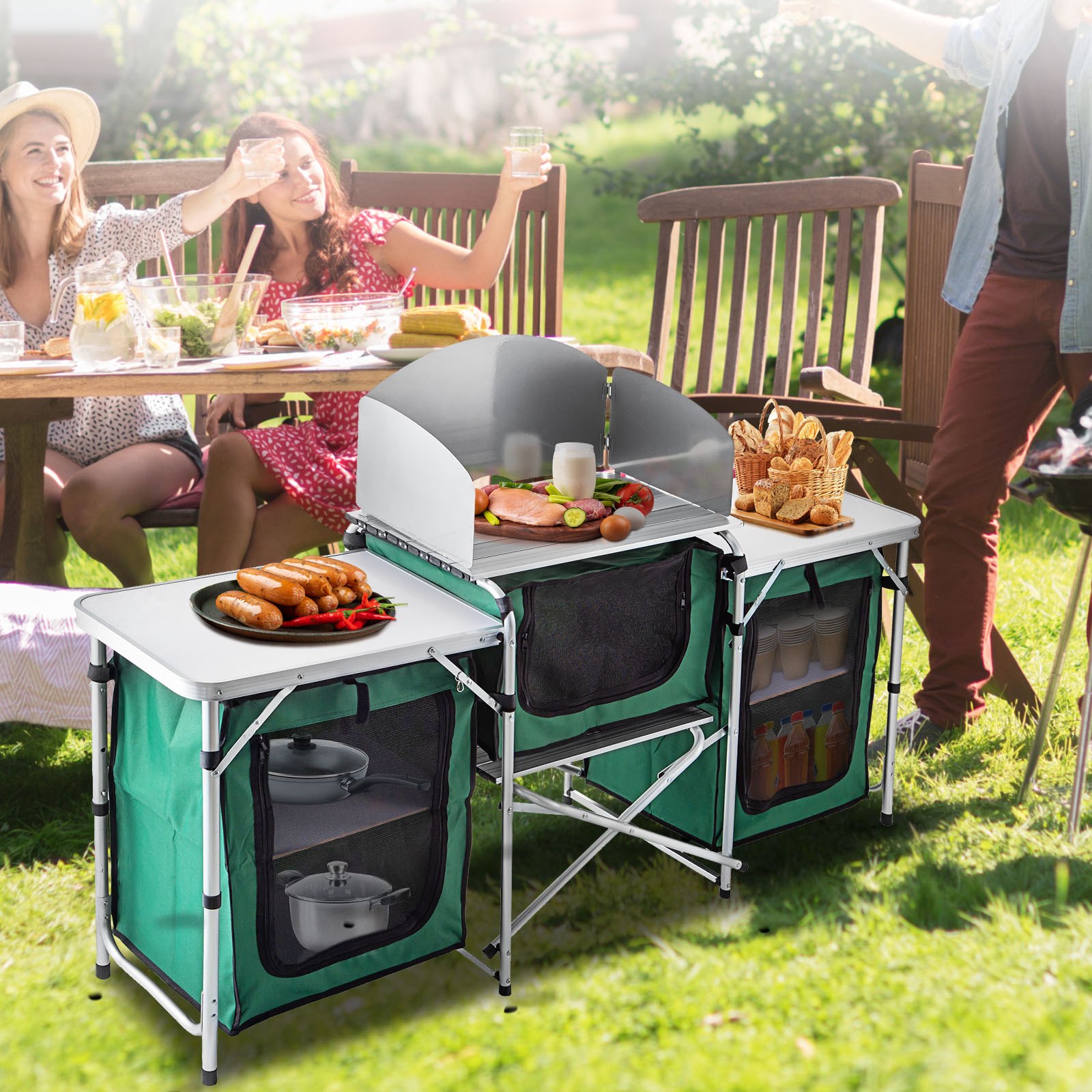 VEVOR Outdoor Camping Kitchen 3 Zippered Bags, Camping Cook Table Steel Windscreen, Camping Kitchen Table 2 Side Tables, Portable Camp Cook Table for Outdoor Activities Green