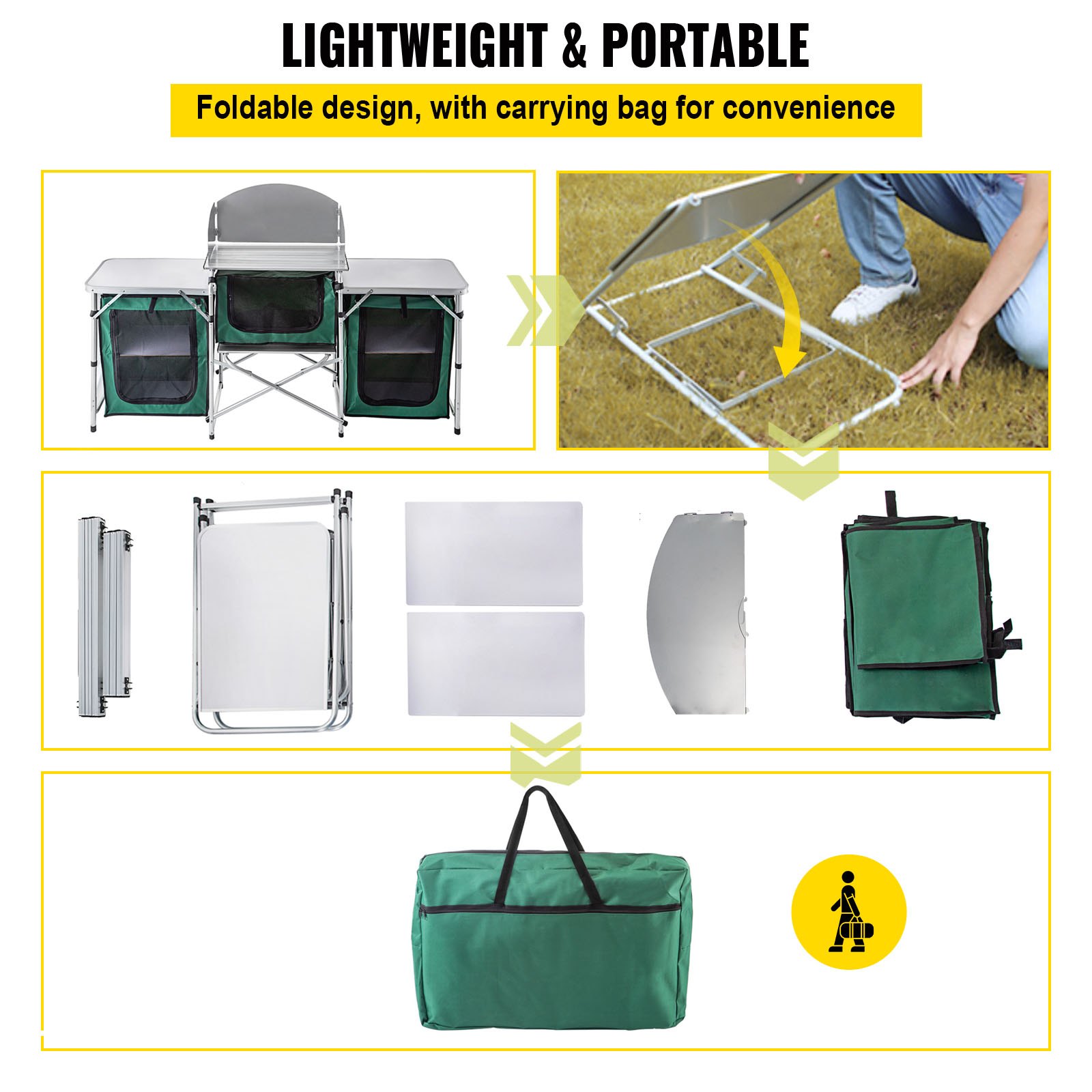 VEVOR Outdoor Camping Kitchen 3 Zippered Bags, Camping Cook Table Steel Windscreen, Camping Kitchen Table 2 Side Tables, Portable Camp Cook Table for Outdoor Activities Green