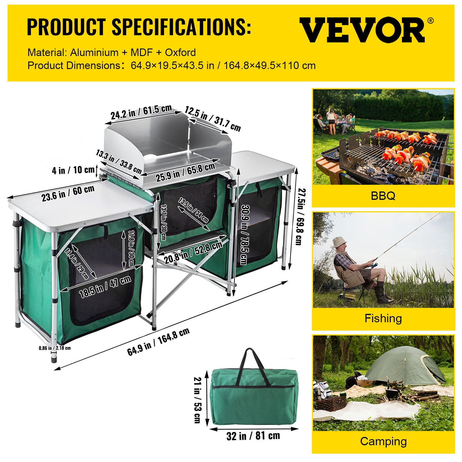 VEVOR Outdoor Camping Kitchen 3 Zippered Bags, Camping Cook Table Steel Windscreen, Camping Kitchen Table 2 Side Tables, Portable Camp Cook Table for Outdoor Activities Green
