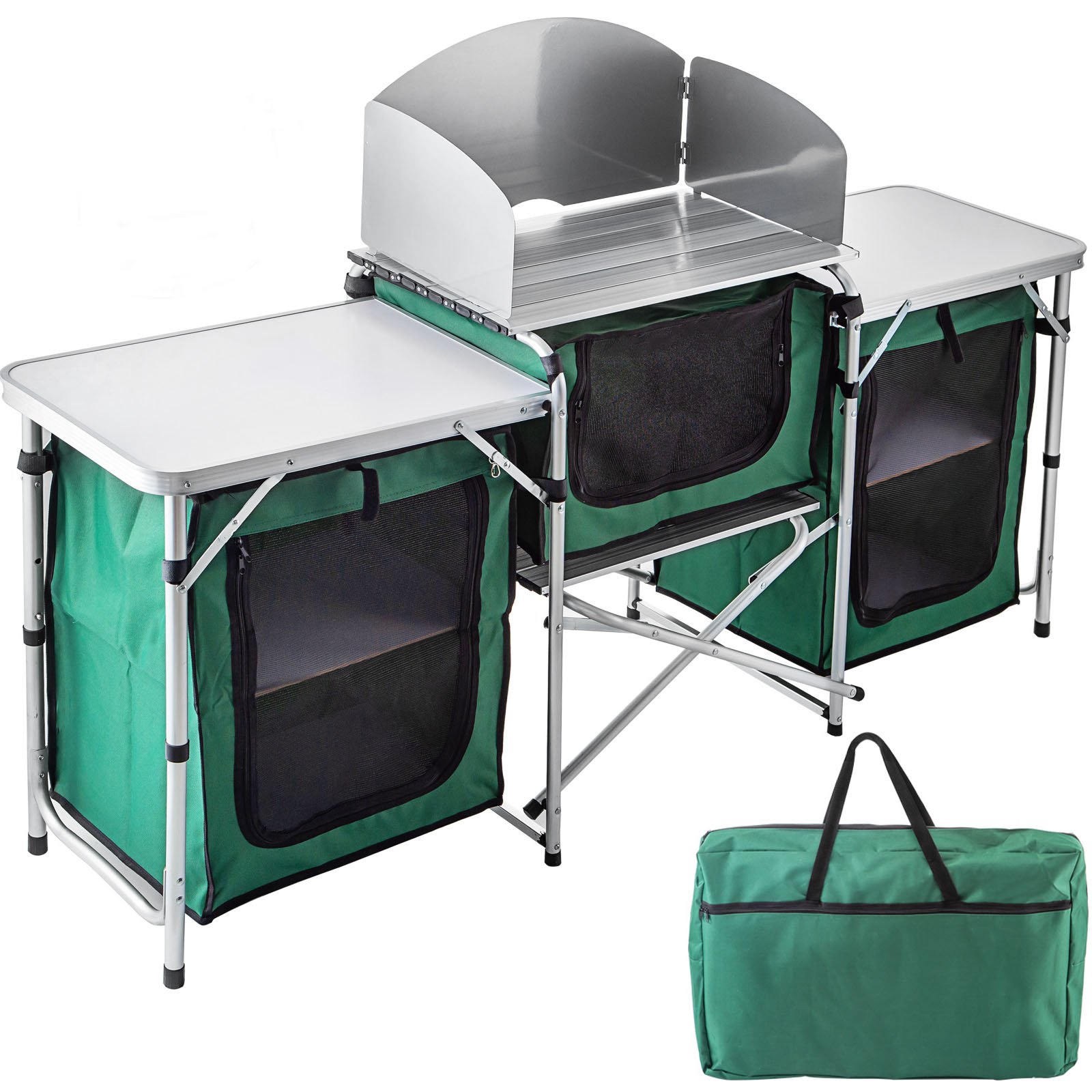 VEVOR Outdoor Camping Kitchen 3 Zippered Bags, Camping Cook Table Steel Windscreen, Camping Kitchen Table 2 Side Tables, Portable Camp Cook Table for Outdoor Activities Green