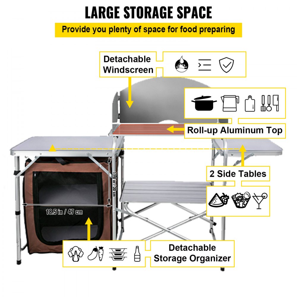 VEVOR camping kitchen table with detachable windscreen, storage organizer, side tables.