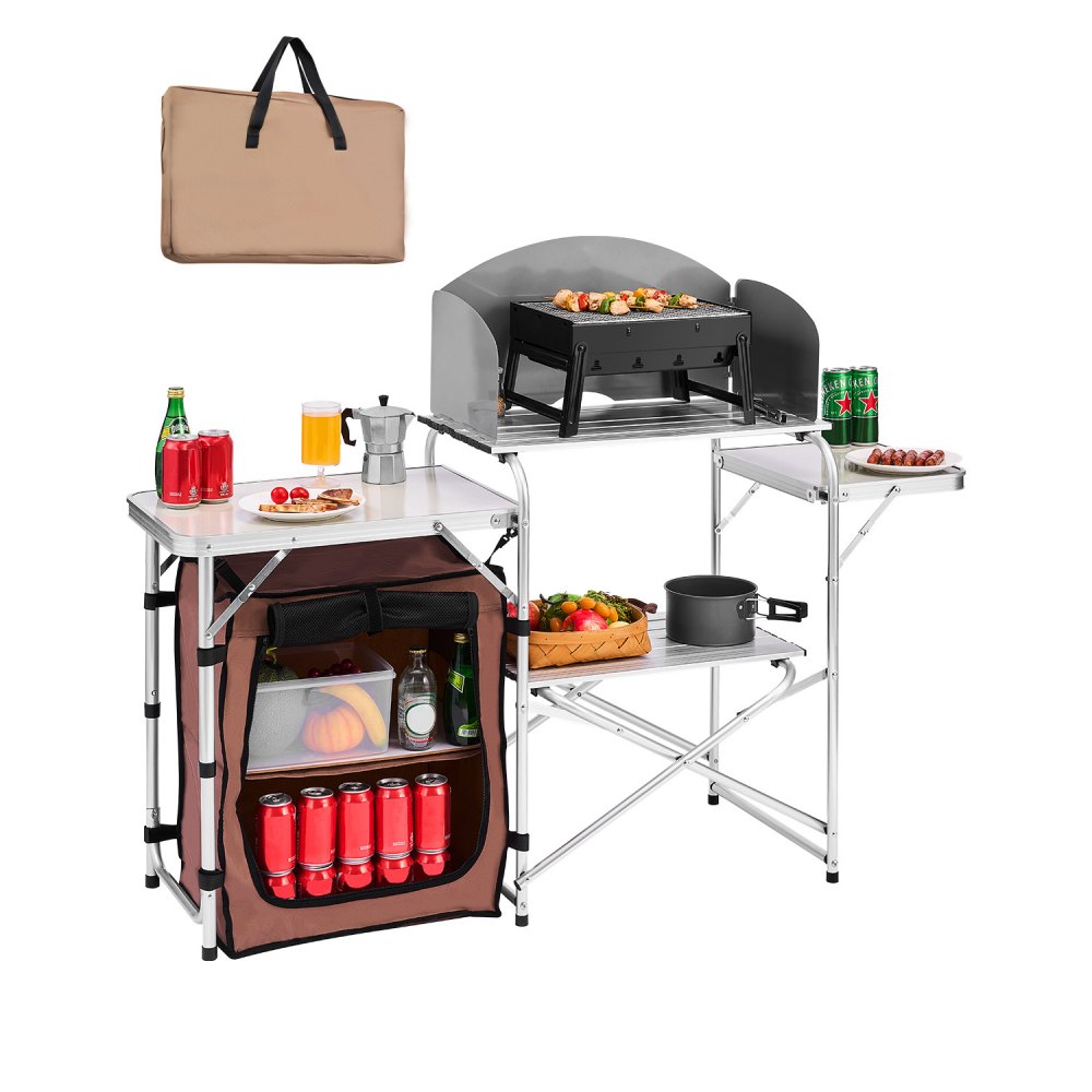 Camping Kitchen Table Picnic Cabinet Folding Cooking Storage Rack Portable Brown