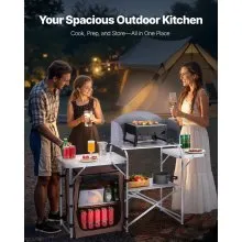 Camping Kitchen Table Picnic Cabinet Folding Cooking Storage Rack Portable Brown