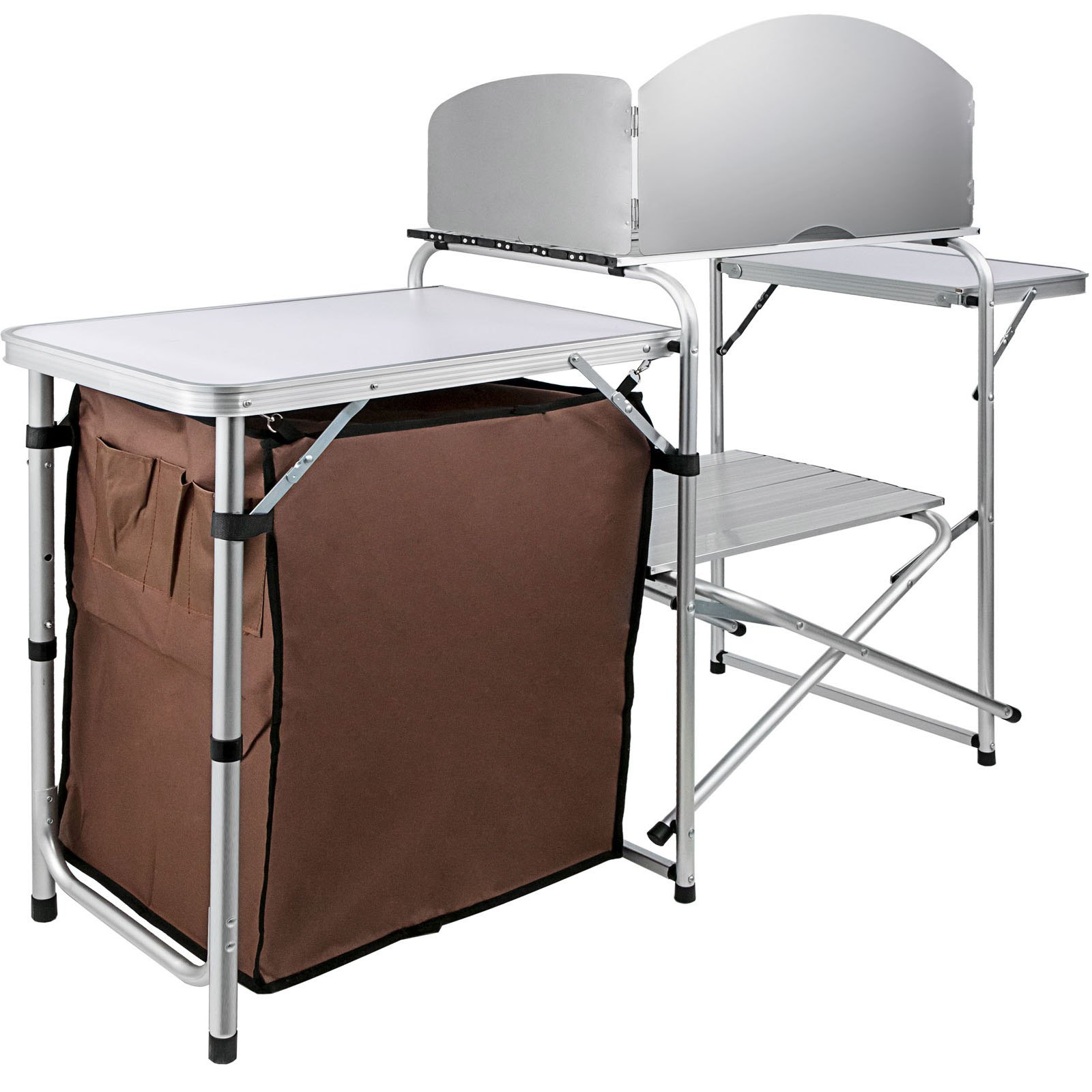 VEVOR Brown Camping Outdoor Kitchen 2-Tier Camping Cook Table with Zippered Bag Camping Kitchen Storage Table 2 Side Tables Camp Cook Table Portable Outdoor Camping Table for Outdoor Activities