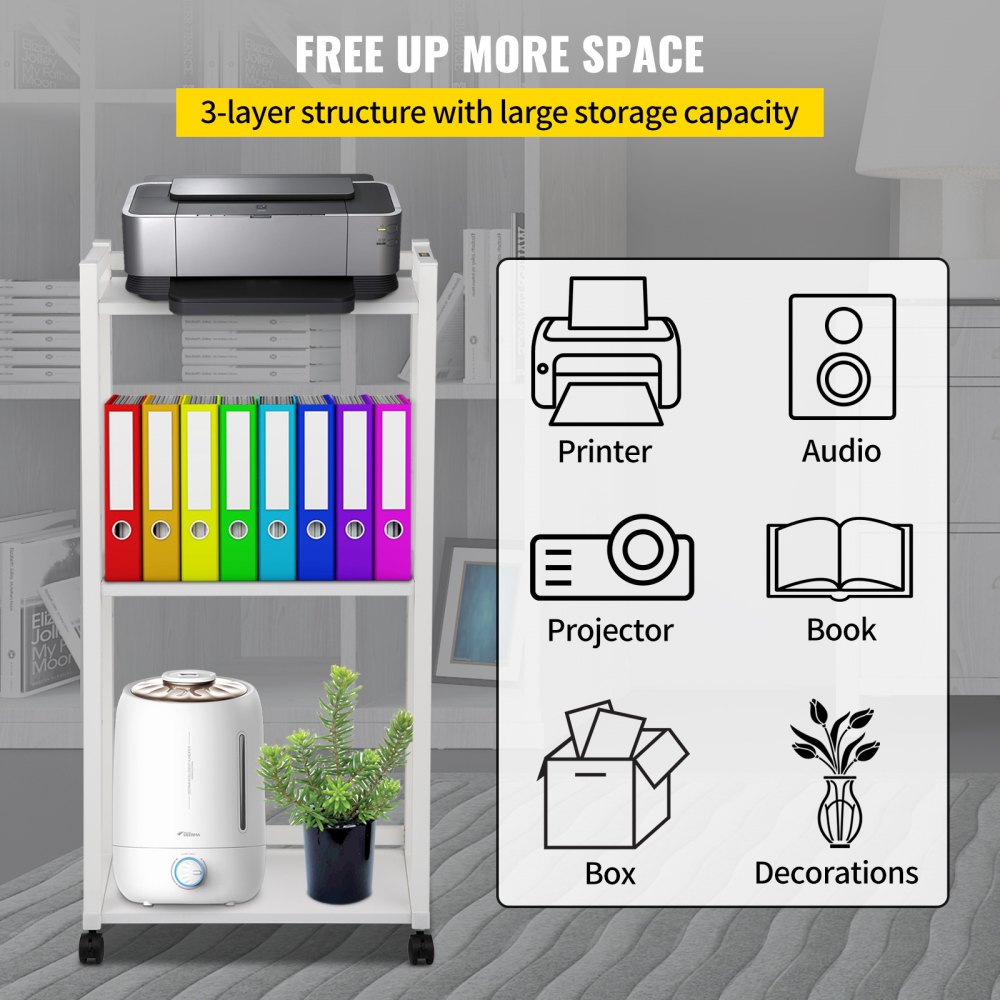 VEVOR Soporte para impresora, carrito con ruedas de 3 niveles, estante de almacenamiento ajustable con ruedas bloqueables, mesa de impresora de 50 x 35 x 107 cm para organizar espacios pequeños en casa o oficina, color blanco