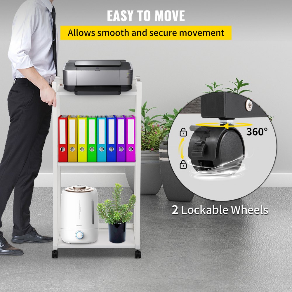 VEVOR Soporte para impresora, carrito con ruedas de 3 niveles, estante de almacenamiento ajustable con ruedas bloqueables, mesa de impresora de 50 x 35 x 107 cm para organizar espacios pequeños en casa o oficina, color blanco