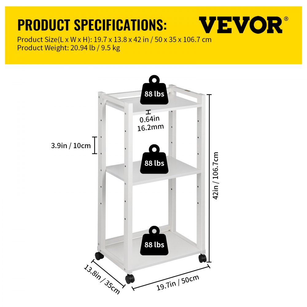 VEVOR Soporte para impresora, carrito con ruedas de 3 niveles, estante de almacenamiento ajustable con ruedas bloqueables, mesa de impresora de 50 x 35 x 107 cm para organizar espacios pequeños en casa o oficina, color blanco