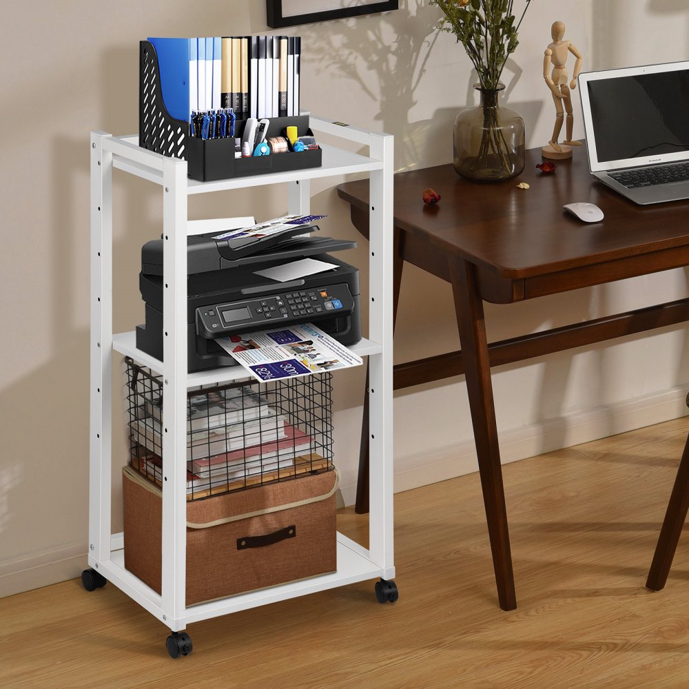 VEVOR Soporte para impresora, carrito con ruedas de 3 niveles, estante de almacenamiento ajustable con ruedas bloqueables, mesa de impresora de 50 x 35 x 107 cm para organizar espacios pequeños en casa o oficina, color blanco