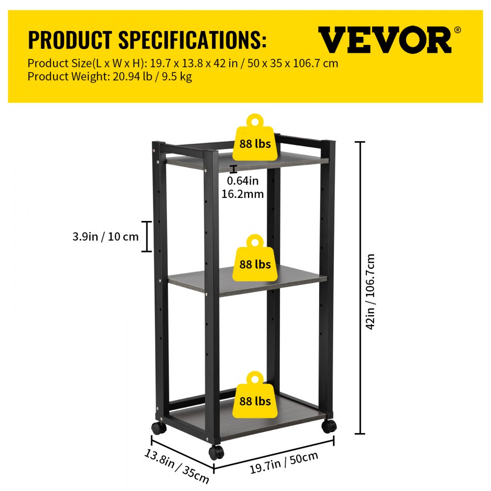 VEVOR Printer Shelf, 3-Tier Mobile Printer Stand, Adjustable Storage Shelf Rack on Lockable Wheels, 88 lbs Capacity Printer Table for Home Office Small Spaces Organization, 50 x 35x 106.7 cm, Black