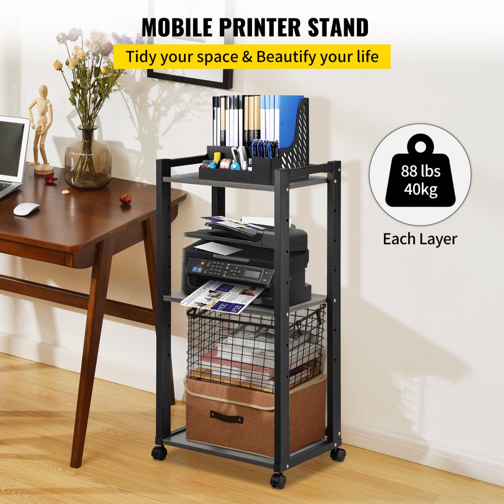 VEVOR printer stand: mobile organizer with shelves, holding office supplies, printer, and storage basket.
