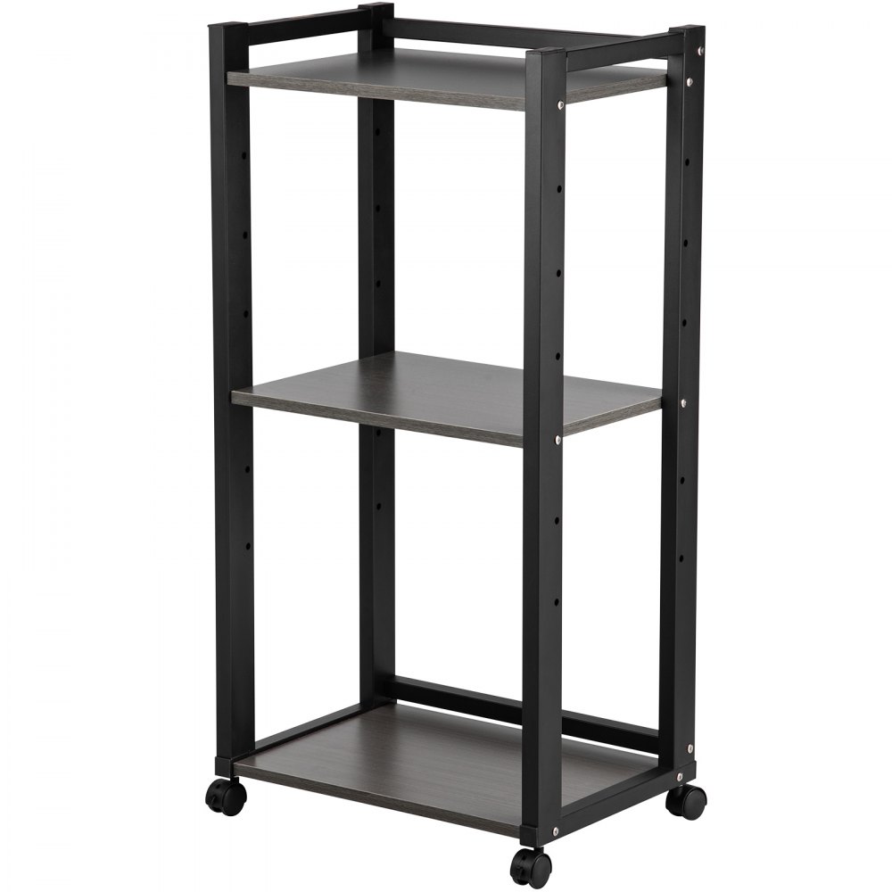 VEVOR printer stand with three shelves, black metal frame, and caster wheels for mobility.