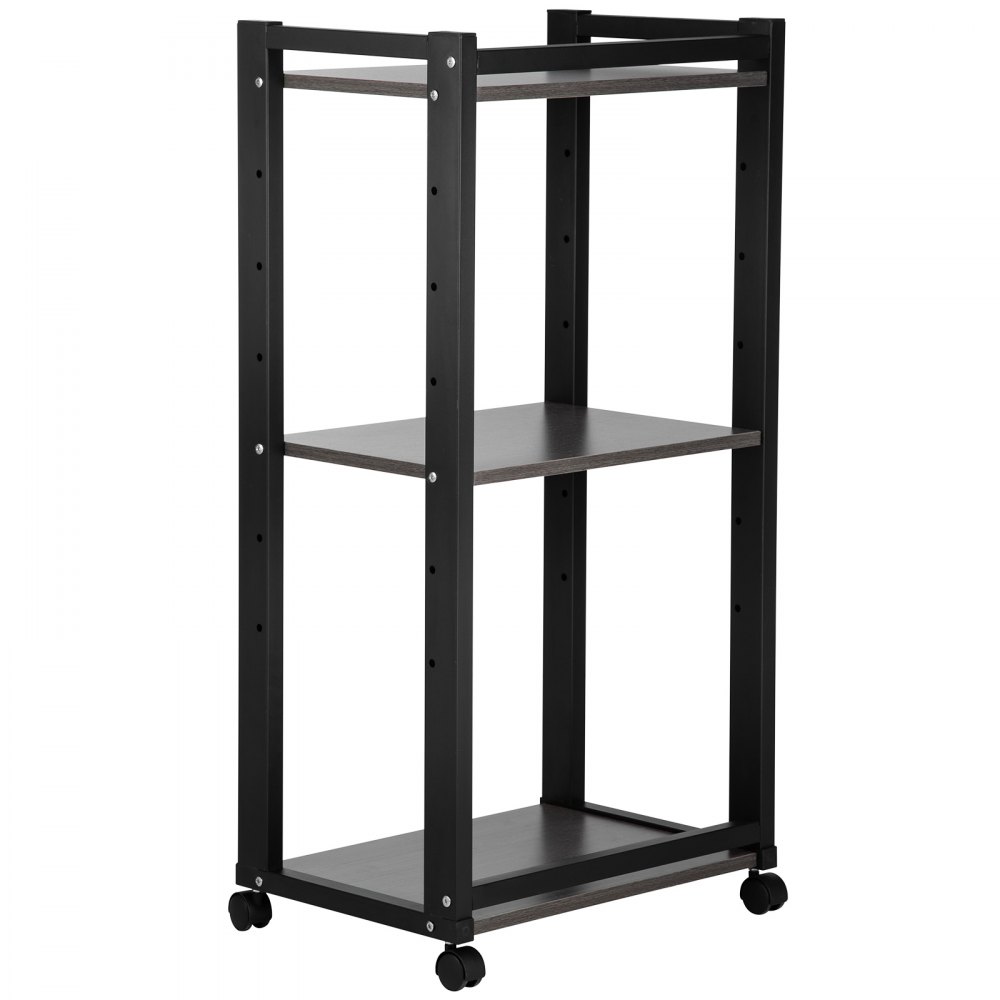 VEVOR printer stand with 3 shelves, black frame, and rolling wheels.