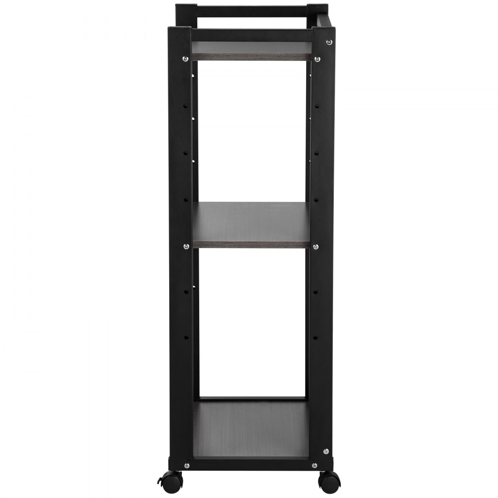 VEVOR printer stand with three black shelves, lockable caster wheels, and sturdy frame.