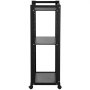VEVOR printer stand with three black shelves, lockable caster wheels, and sturdy frame.