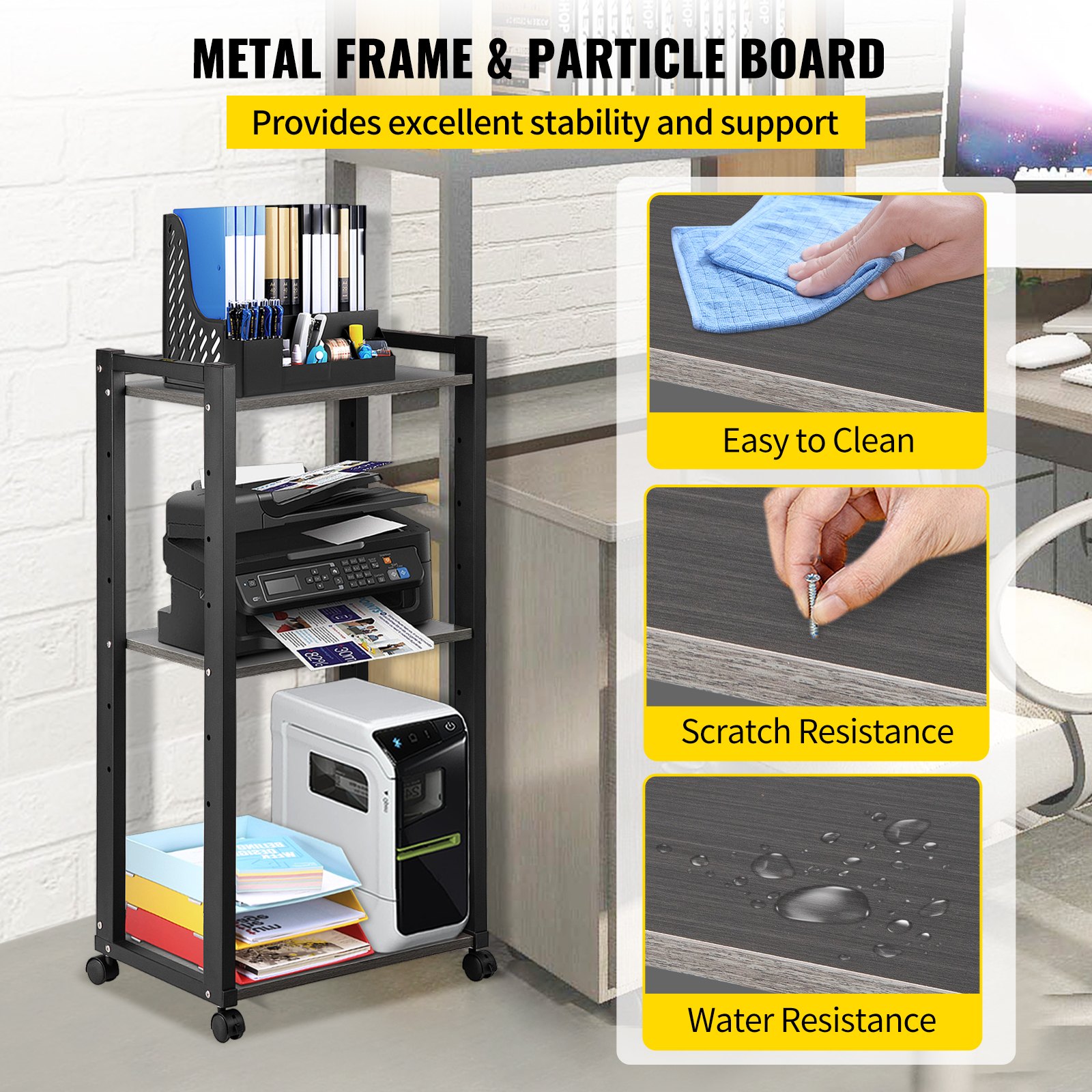 VEVOR printer stand with metal frame, three shelves, showcasing easy to clean, scratch, and water resistance.
