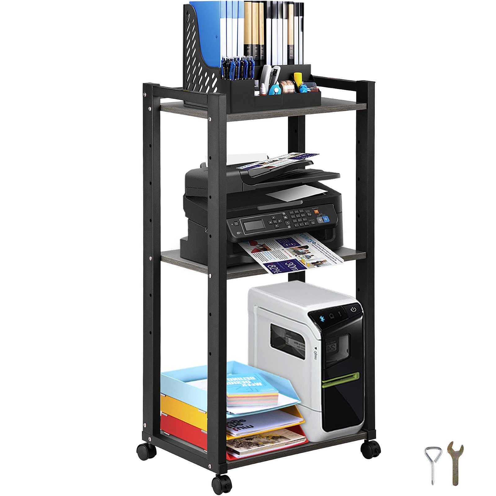 black VEVOR printer stand with three shelves holding office supplies, printer, and documents.
