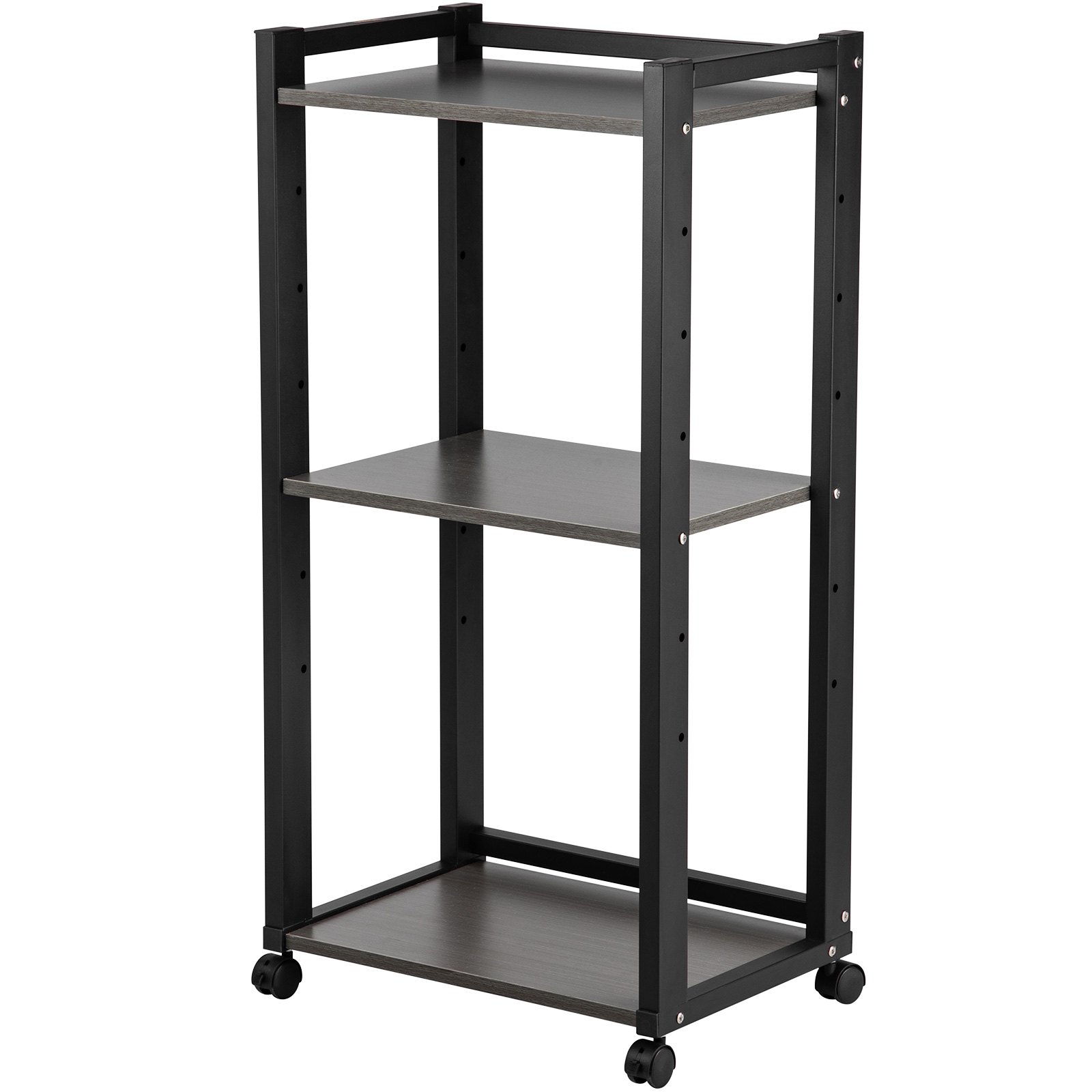VEVOR printer stand with three shelves, black metal frame, and caster wheels for mobility.