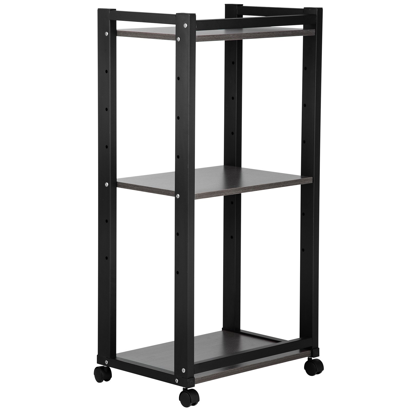 VEVOR printer stand with 3 shelves, black frame, and rolling wheels.
