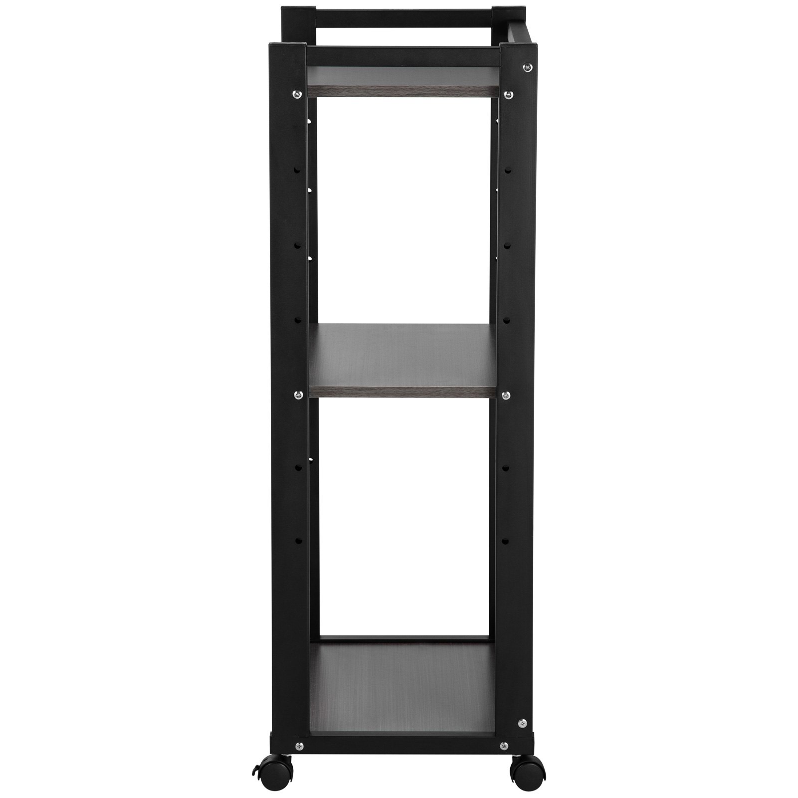 VEVOR printer stand with three black shelves, lockable caster wheels, and sturdy frame.