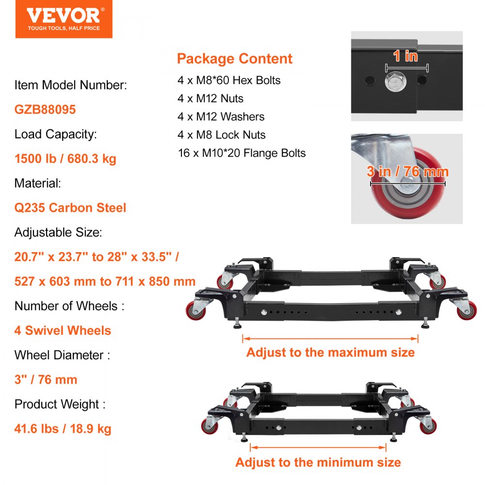 VEVOR mobile base package contents, dimensions, load capacity, material, and adjustable size details.