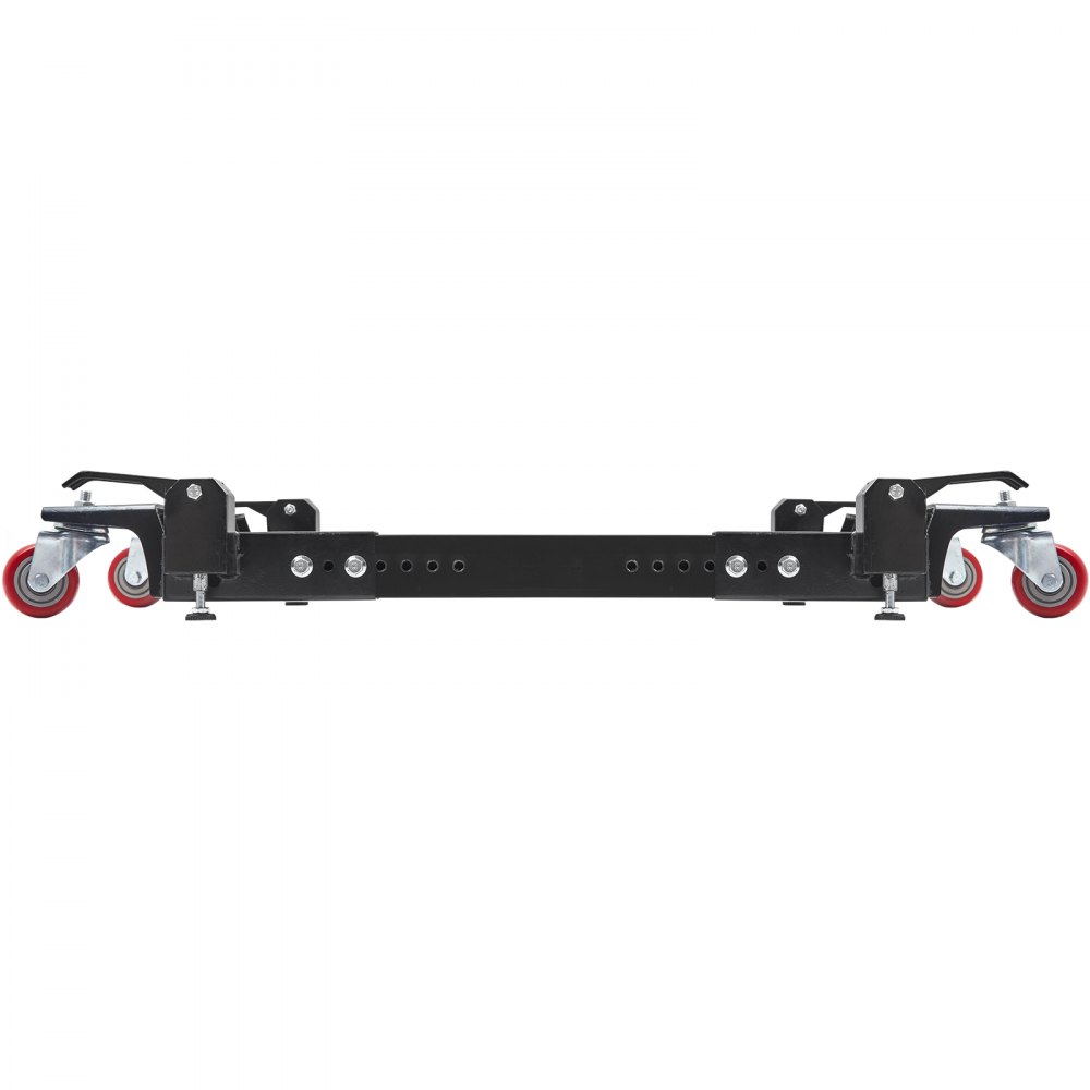 black adjustable VEVOR mobile base with red caster wheels for heavy-duty equipment support.