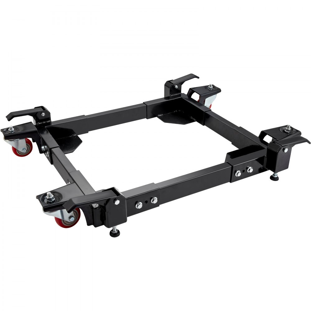 black adjustable VEVOR mobile base with red caster wheels and lockable feet.