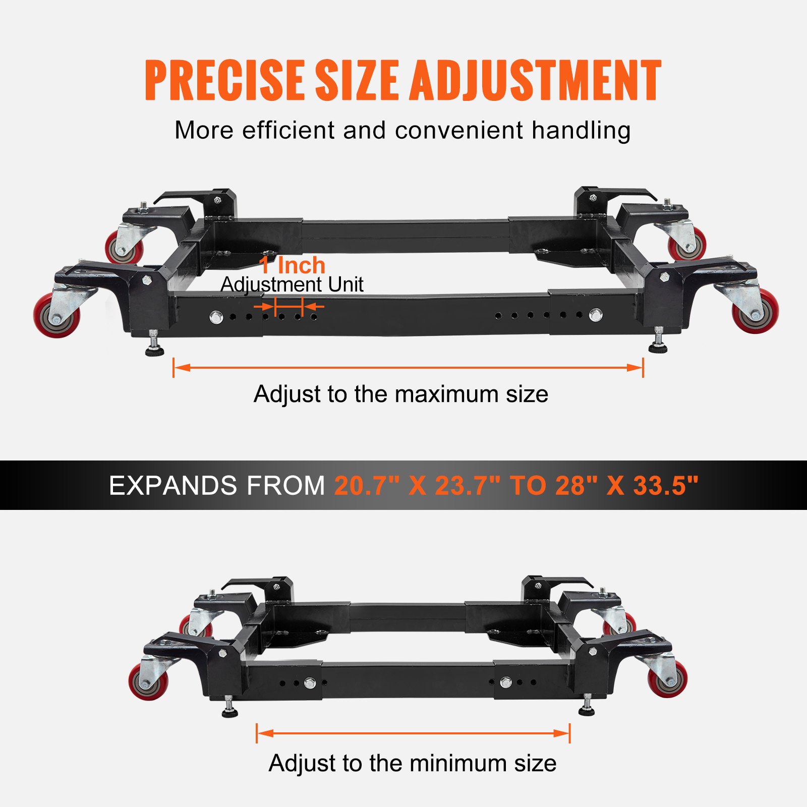 VEVOR mobile base with adjustable sizing from 20.7&quot;x23.7&quot; to 28&quot;x33.5&quot;, featuring efficient handling.