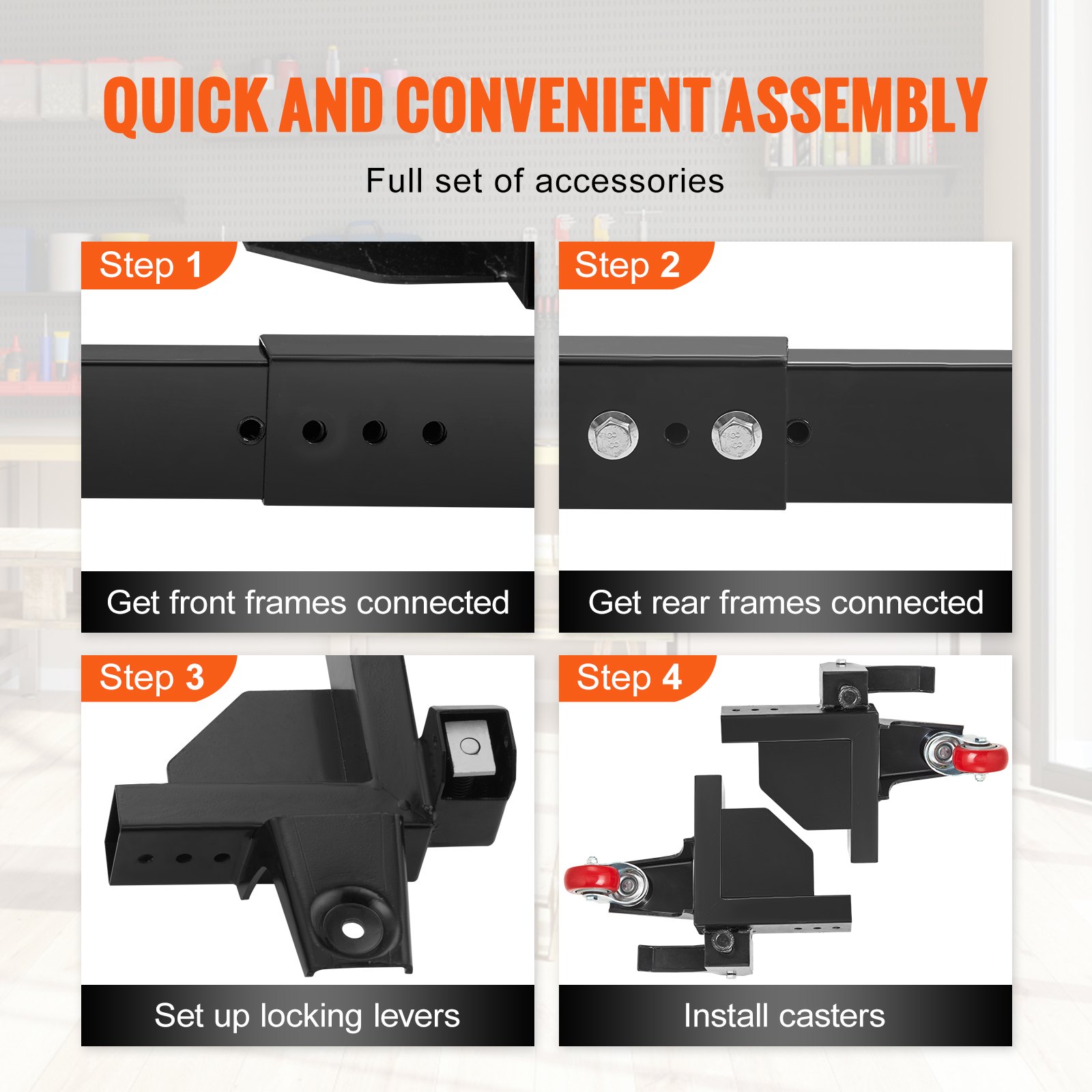 quick and easy assembly guide for VEVOR mobile base with steps for frame and caster installation.