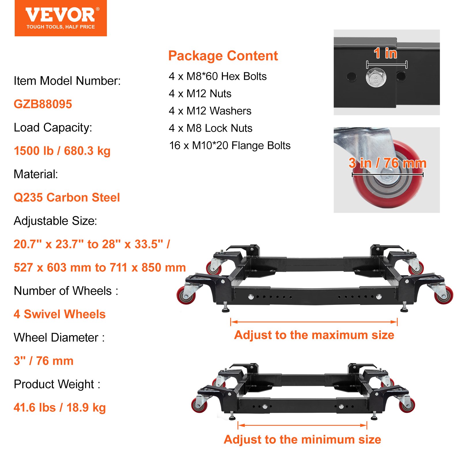 VEVOR mobile base package contents, dimensions, load capacity, material, and adjustable size details.
