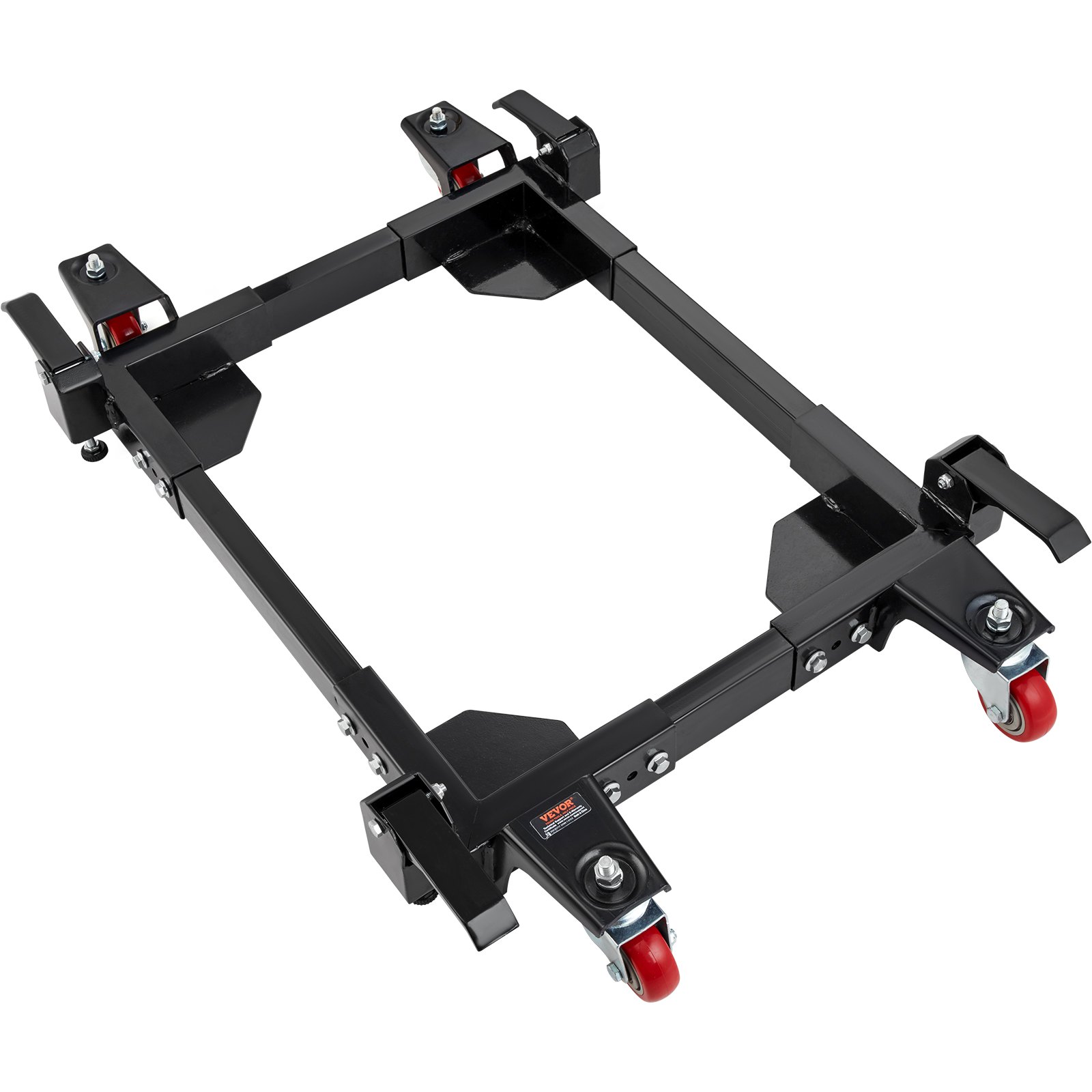 VEVOR mobile base with adjustable steel frame and red caster wheels.