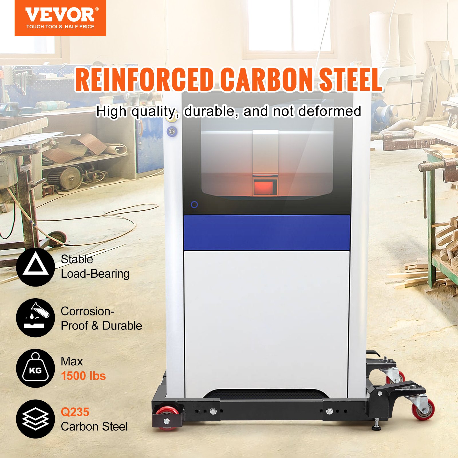 VEVOR mobile base in a workshop, showcasing reinforced carbon steel and a 1500 lbs load-bearing capacity.