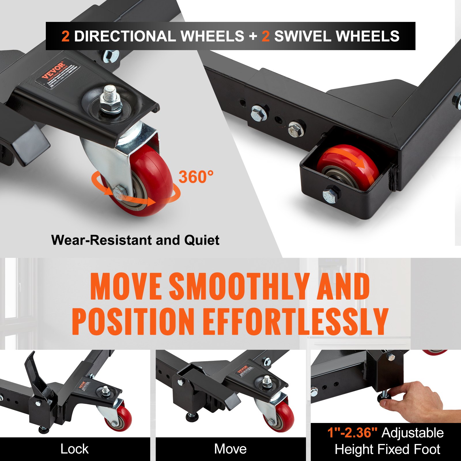 VEVOR mobile base with 2 directional and 2 swivel wheels for smooth, effortless movement and positioning.