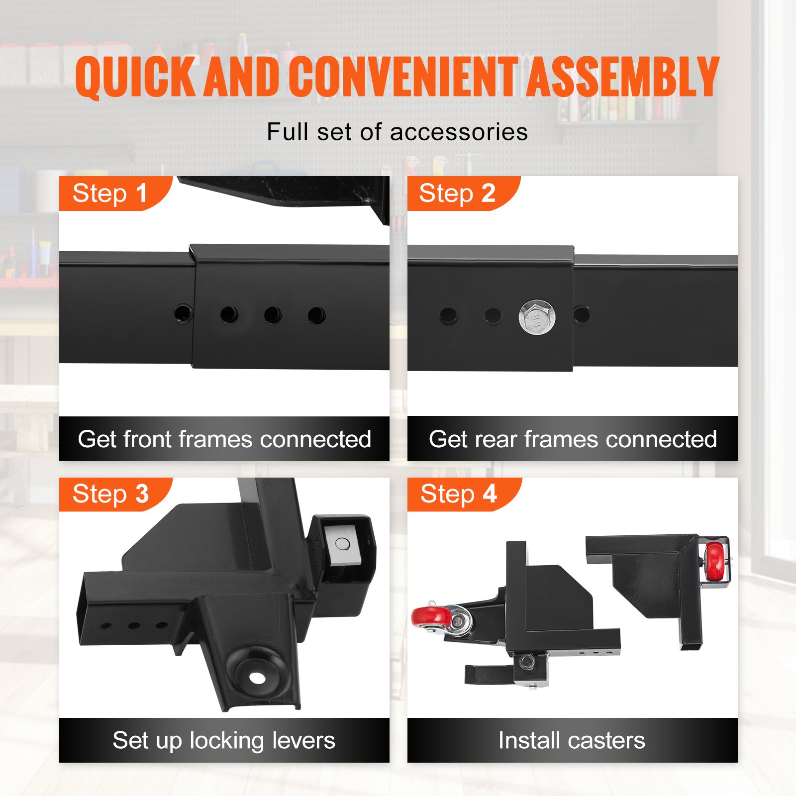 quick assembly guide for VEVOR mobile base: connect frames, set locking levers, install casters.