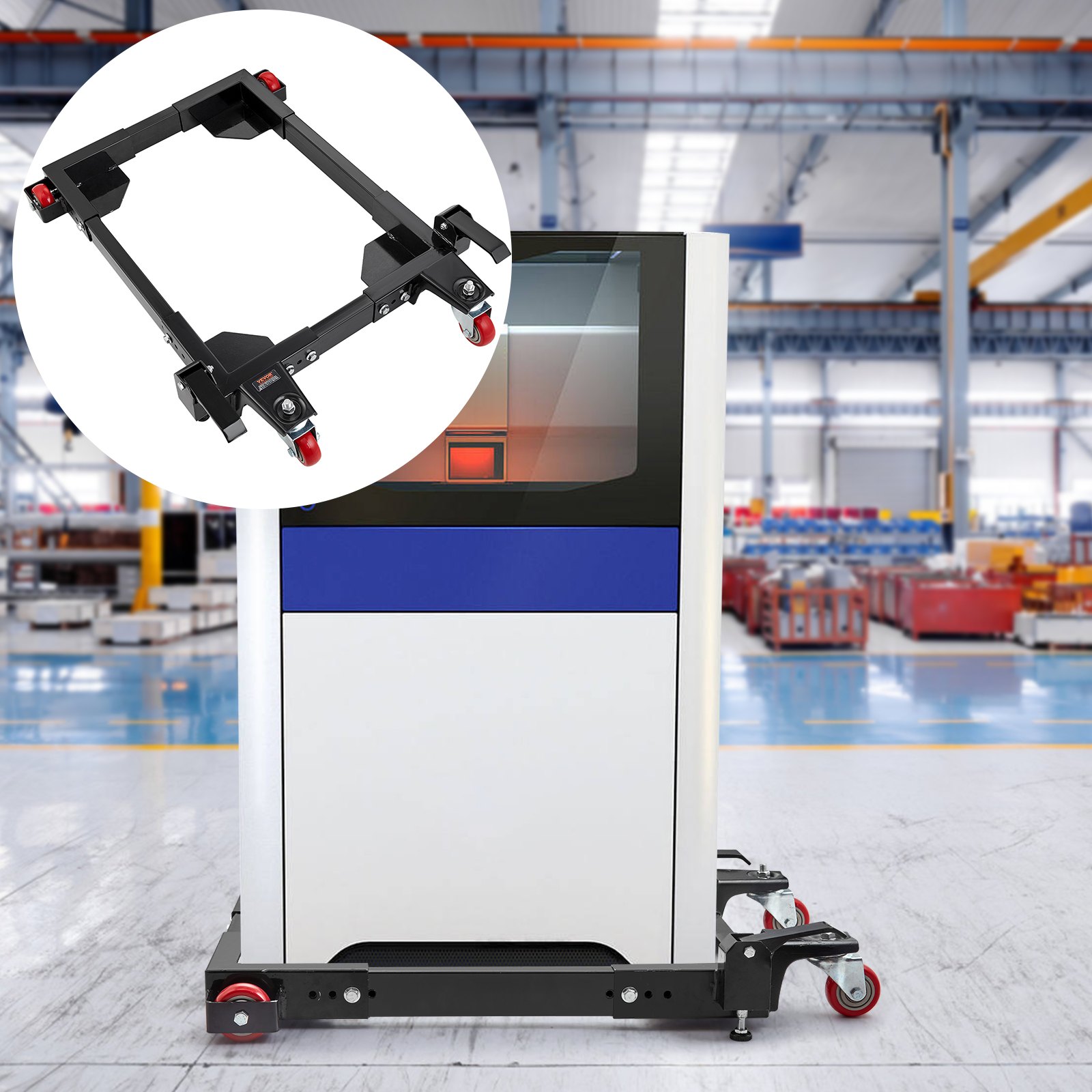 VEVOR mobile base supporting industrial equipment in a warehouse with a detailed inset view of the base.
