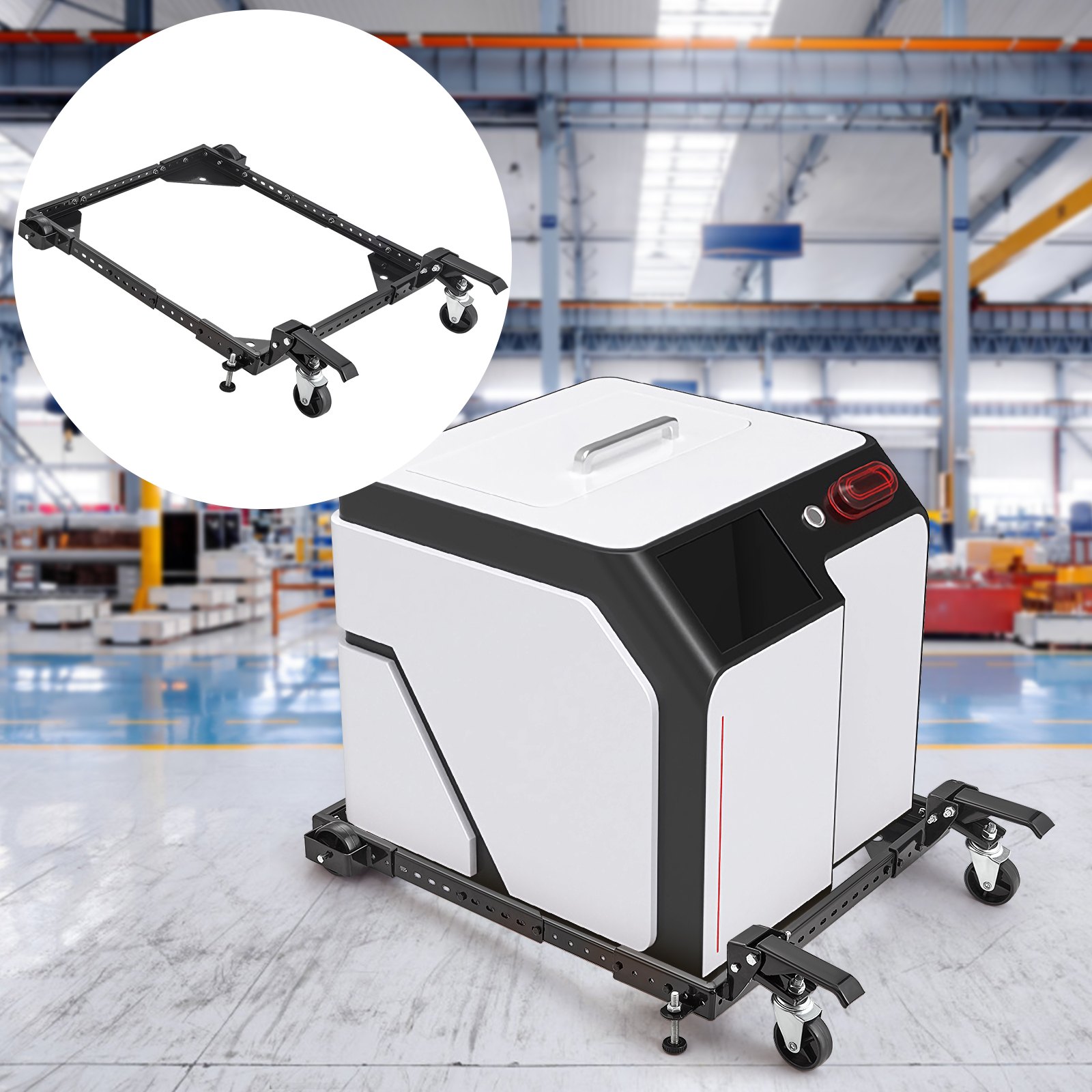 VEVOR mobile base with adjustable frame and caster wheels in an industrial warehouse setting.