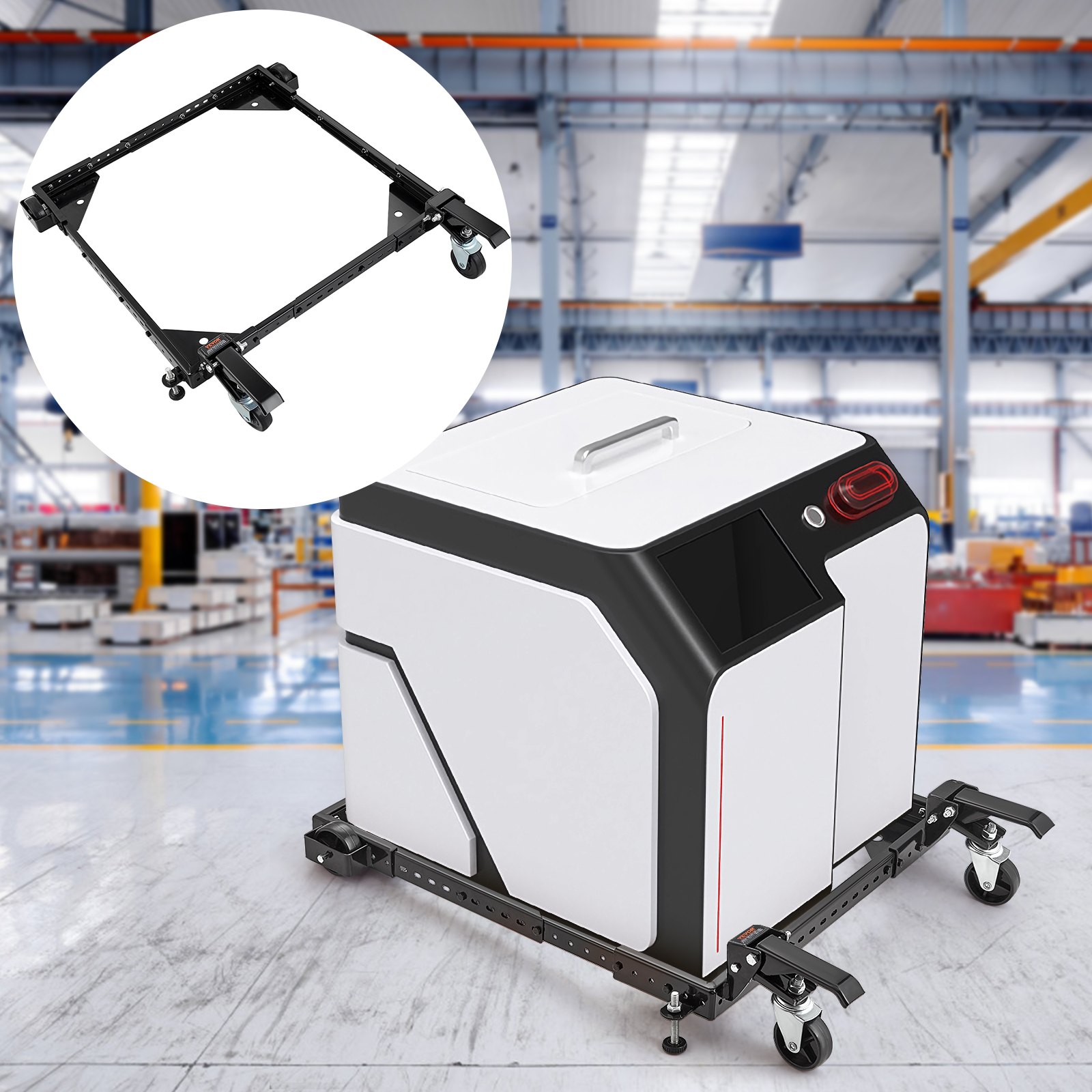 VEVOR mobile base supporting a large white machine in an industrial warehouse setting.