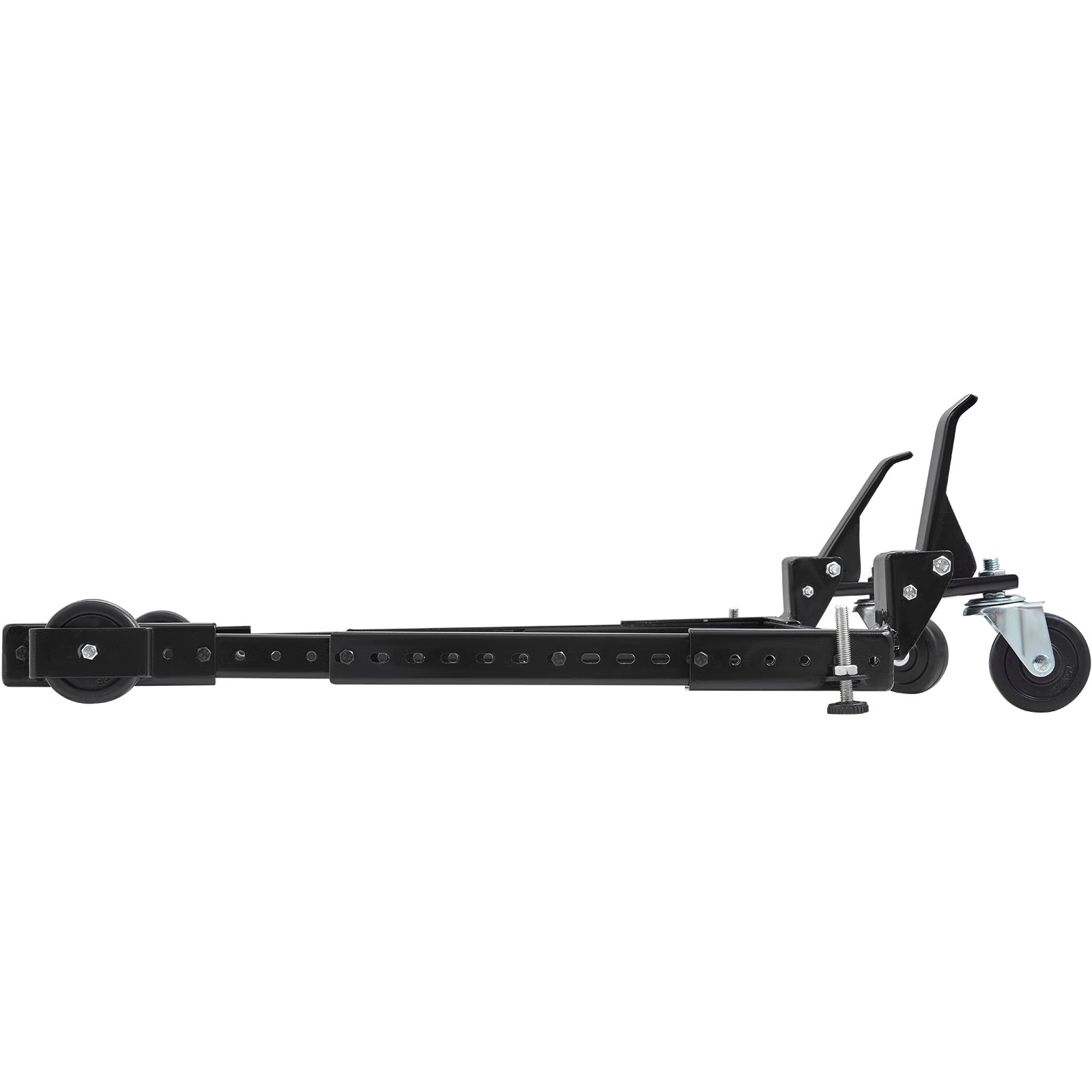 VEVOR mobile base, adjustable black metal frame with wheels and locking mechanism, side view.