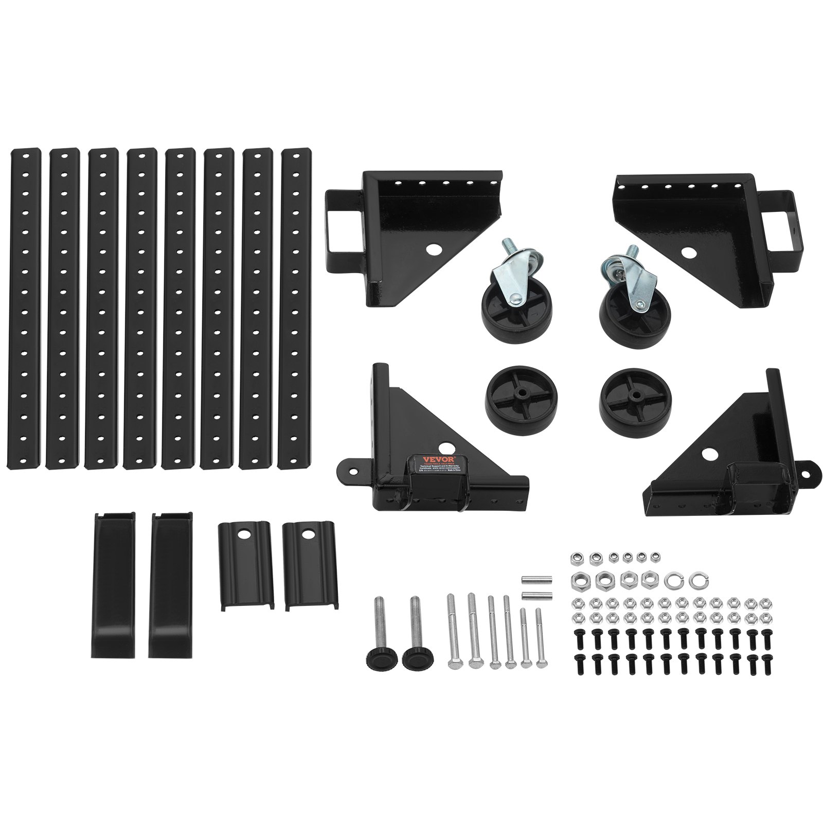 VEVOR mobile base components include black brackets, wheels, bolts, and hardware for tool mobility.