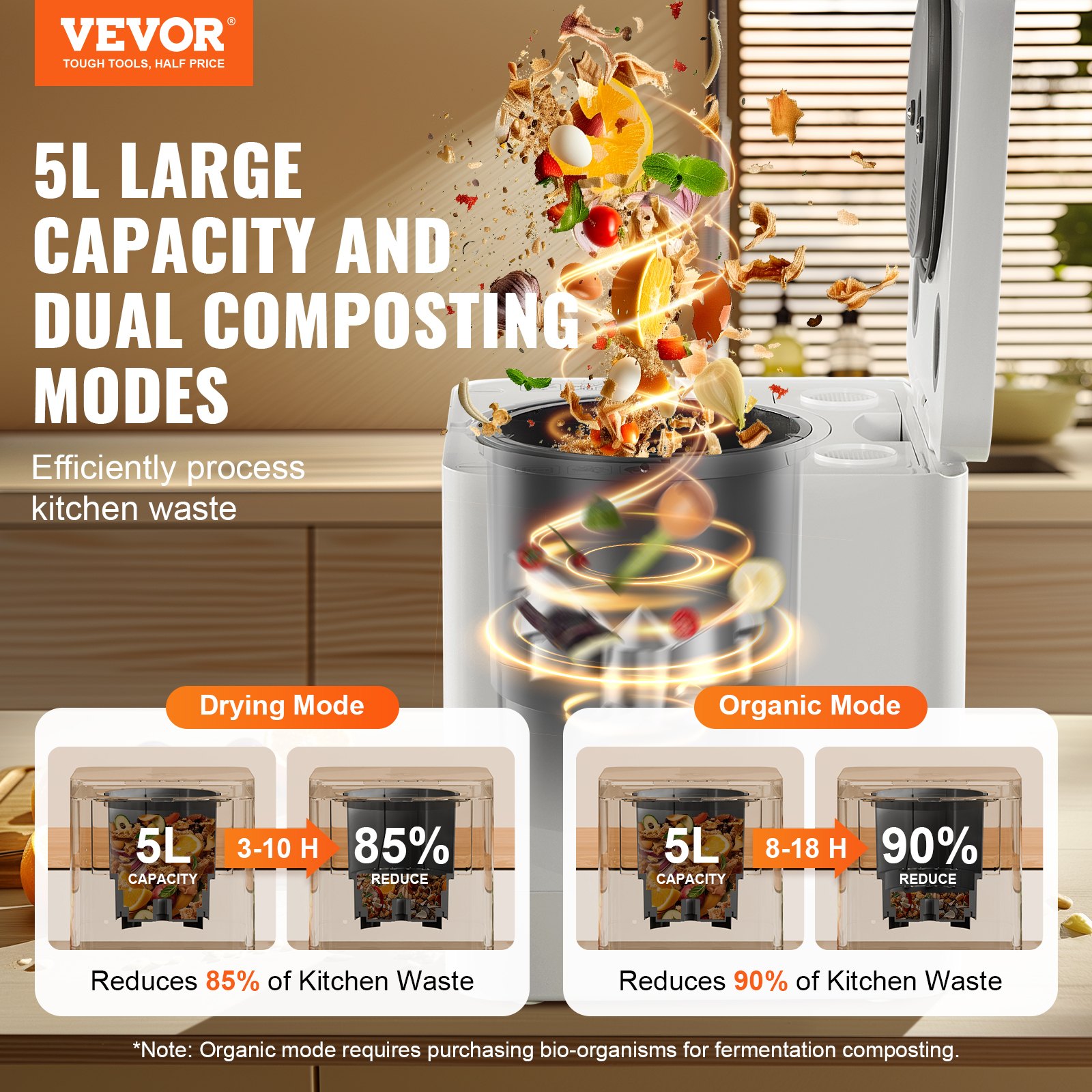 VEVOR Kitchen Composter, 5 L Electric Composter for Kitchen, Smart Countertop Composter Indoor, Kitchen Food Recycler with 2 Modes, Turn Food Waste into Natural Fertilizer with a Single Button