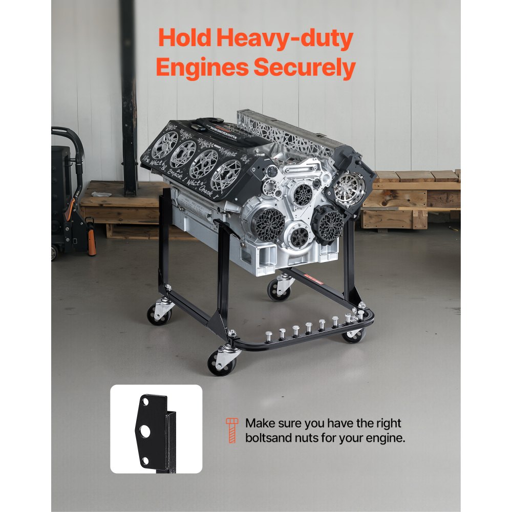 VEVOR Engine Stand, 340 KG Load Capacity Engine Motor Stand, Heavy-Duty Steel Motor Holder with 4 Swivel Casters and 4 Hook Positions, Suitable for BB-CHEVY and GEN-1 SB-CHEVY Engines