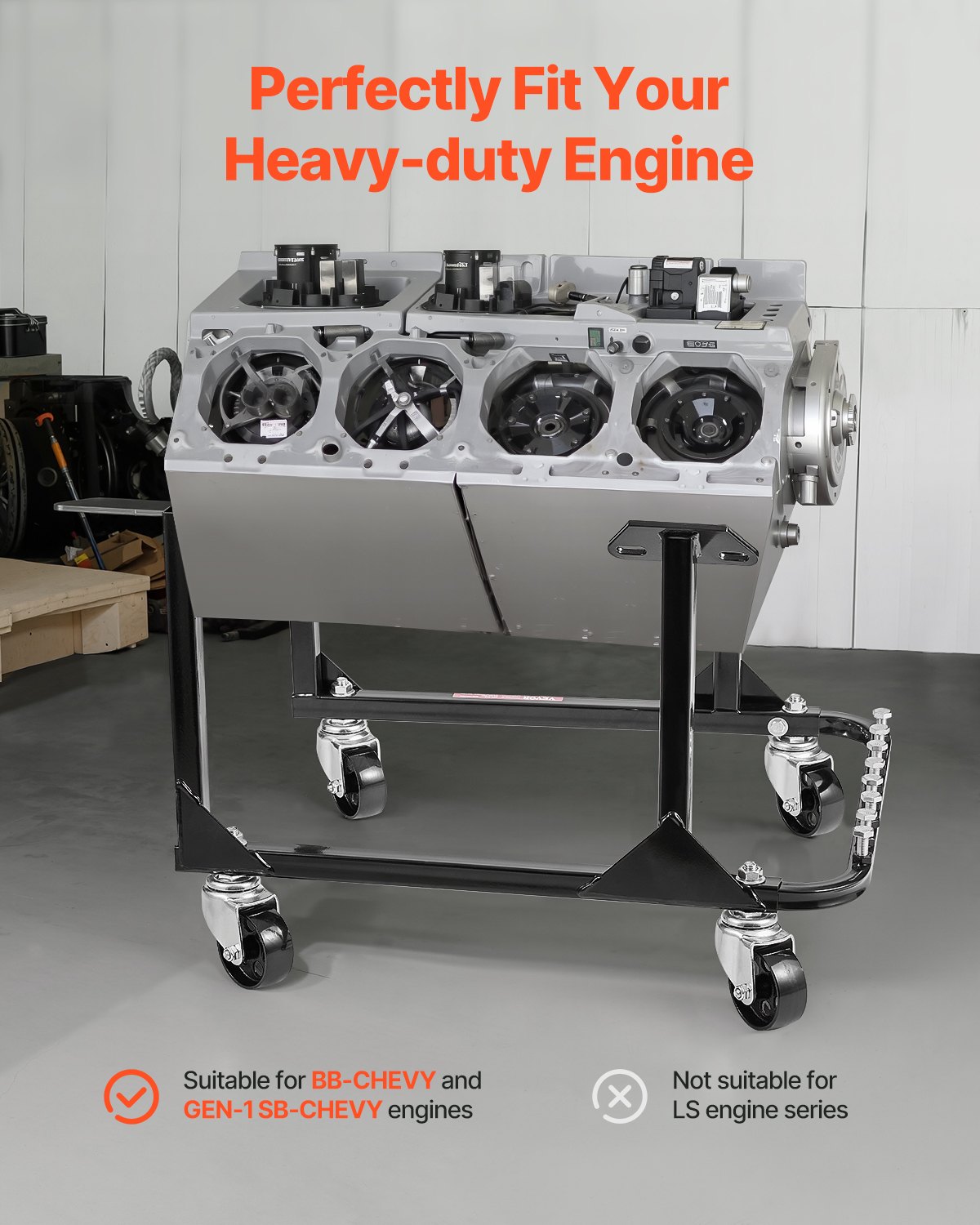 VEVOR Engine Stand, 340 KG Load Capacity Engine Motor Stand, Heavy-Duty Steel Motor Holder with 4 Swivel Casters and 4 Hook Positions, Suitable for BB-CHEVY and GEN-1 SB-CHEVY Engines