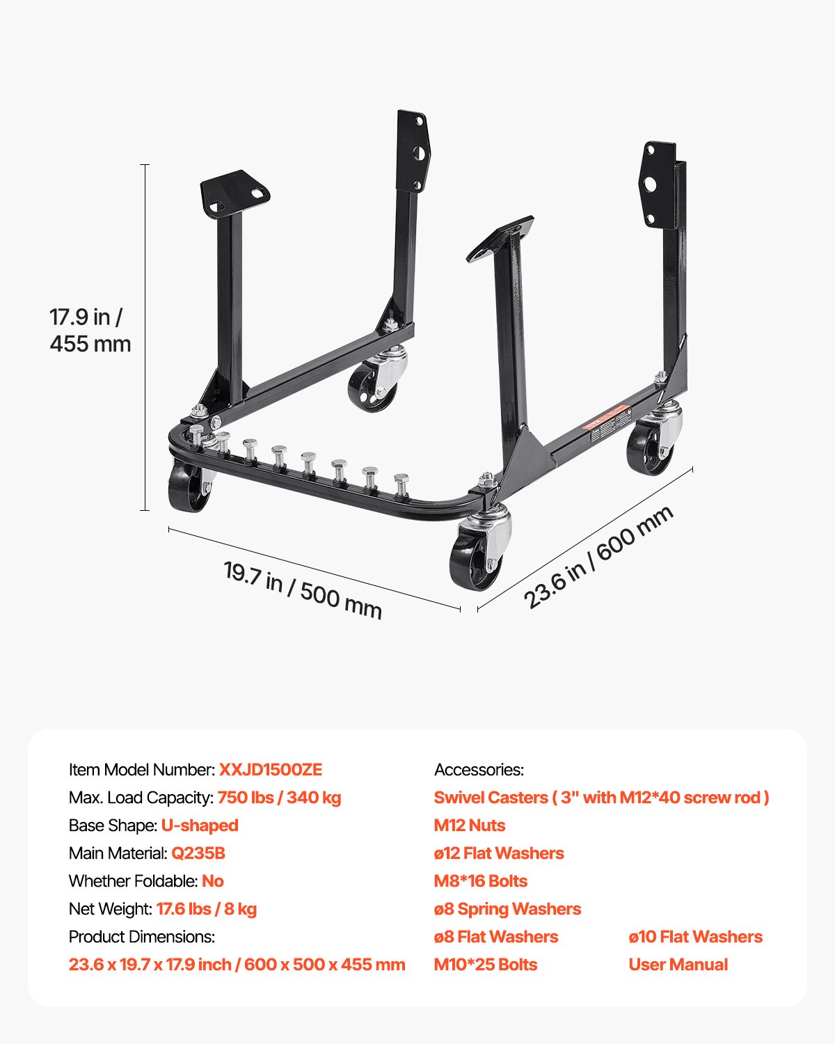 VEVOR Engine Stand, 340 KG Load Capacity Engine Motor Stand, Heavy-Duty Steel Motor Holder with 4 Swivel Casters and 4 Hook Positions, Suitable for BB-CHEVY and GEN-1 SB-CHEVY Engines