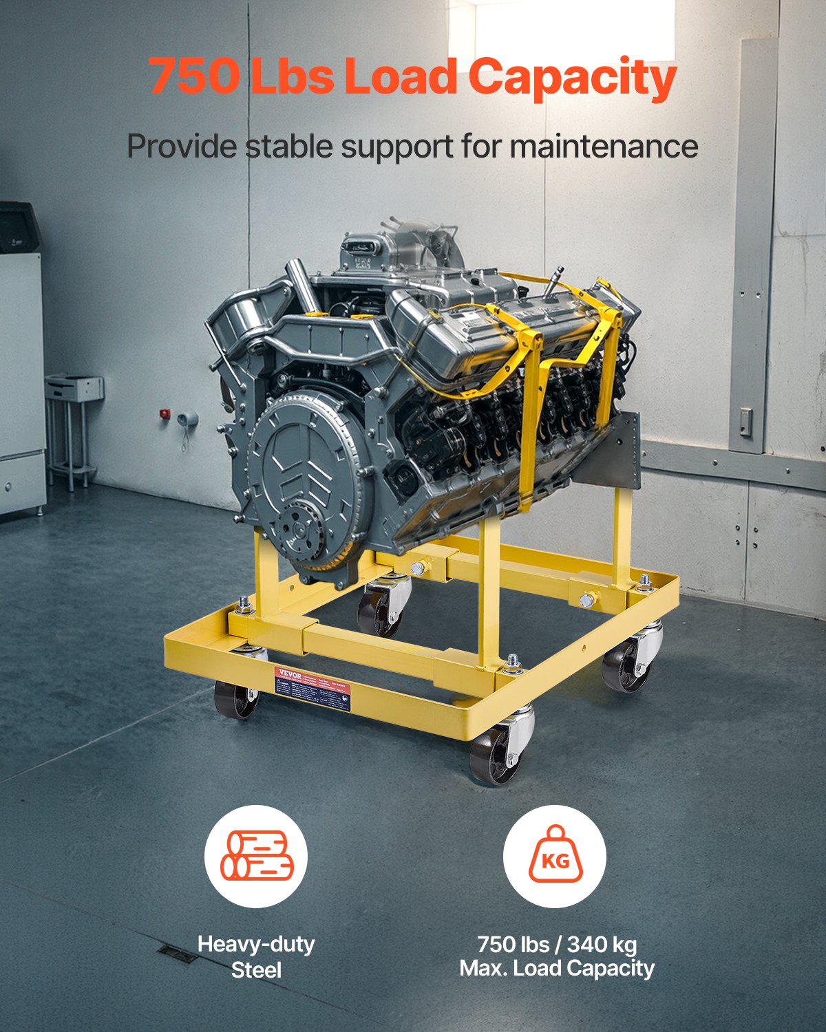 VEVOR Engine Stand, 750 LBS (340KG) Load Capacity Engine Motor Stand with Adjustable Width & Length, Heavy-Duty Steel Motor Holder with 4 Swivel Casters and 2 Ratchet Straps, Suitable for Most Engines