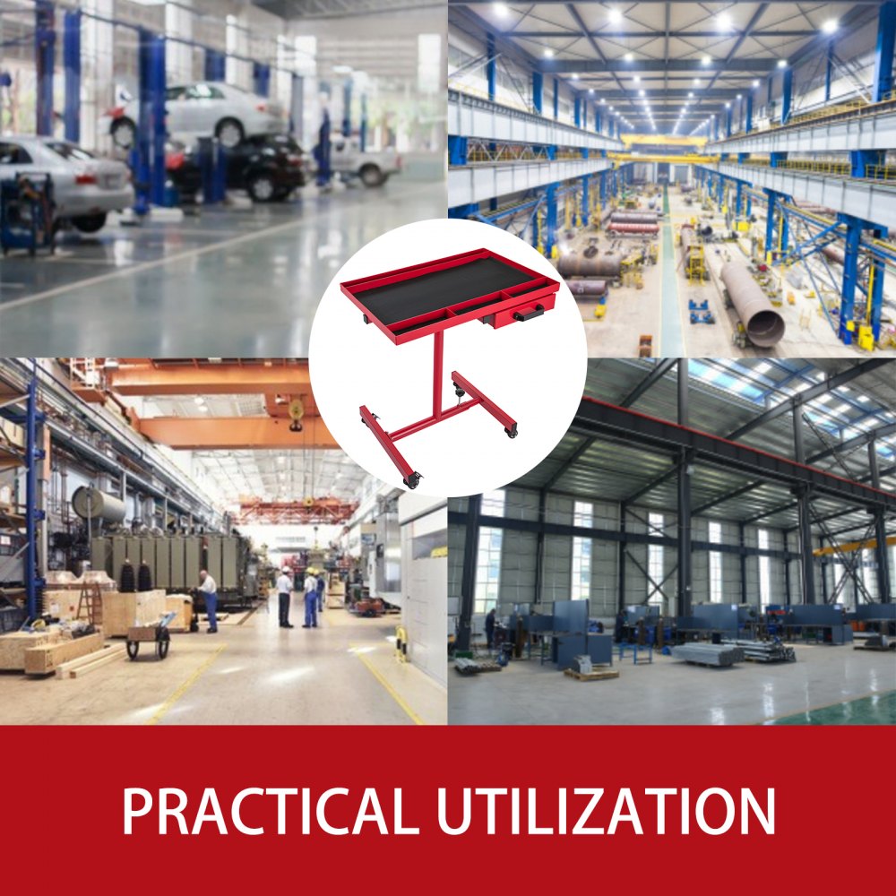 VEVOR Rolling Tool Table 220 LBS Capacity Tear Down Tray 29x20 Inch Mobile Work Table 4 Swivel Wheels Adjustable Height and Width with Drawer for Holding Automotive Tools in Red