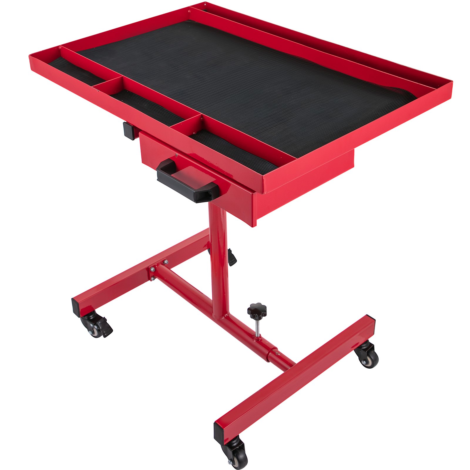 VEVOR Rolling Tool Table 220 LBS Capacity Tear Down Tray 29x20 Inch Mobile Work Table 4 Swivel Wheels Adjustable Height and Width with Drawer for Holding Automotive Tools in Red