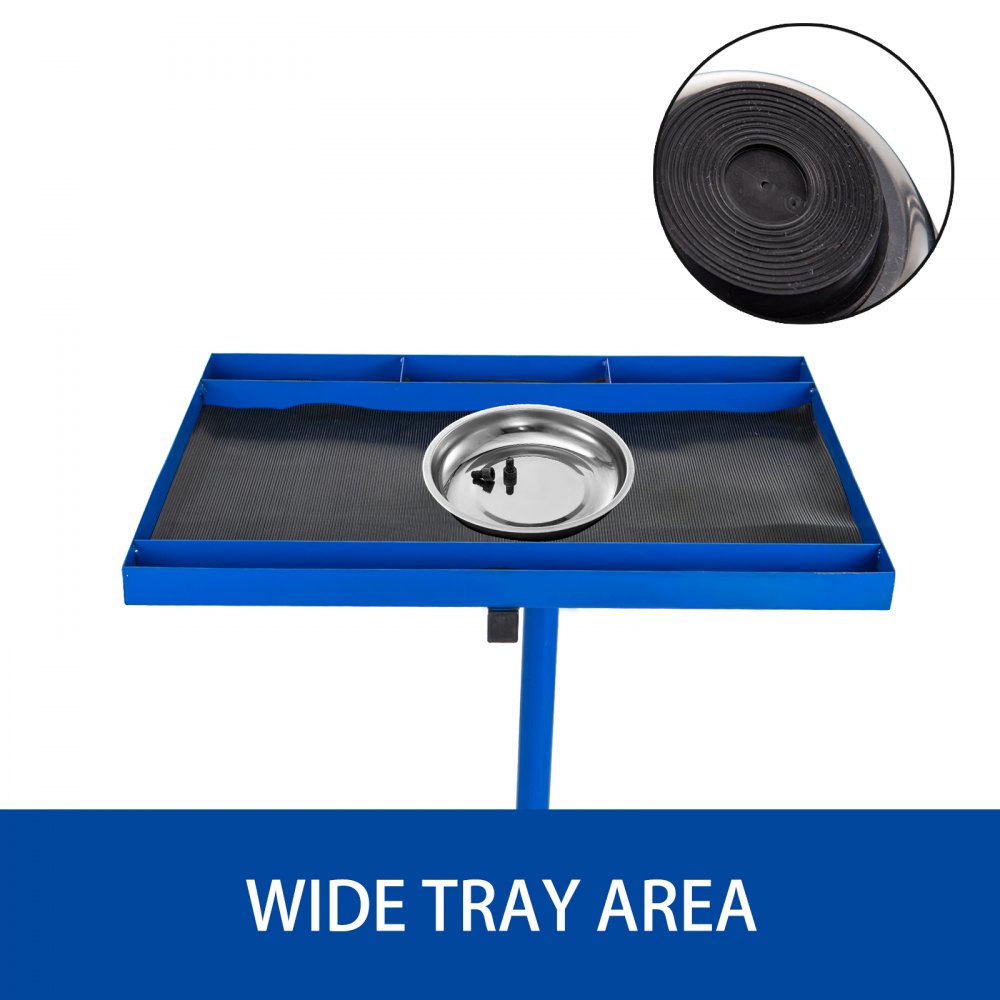 VEVOR Rolling Tool Table 220 LBS Capacity Tear Down Tray 29x20 Inch Mobile Work Table 4 Swivel Wheels Adjustable Height and Width with Drawer for Holding Automotive Tools in Blue